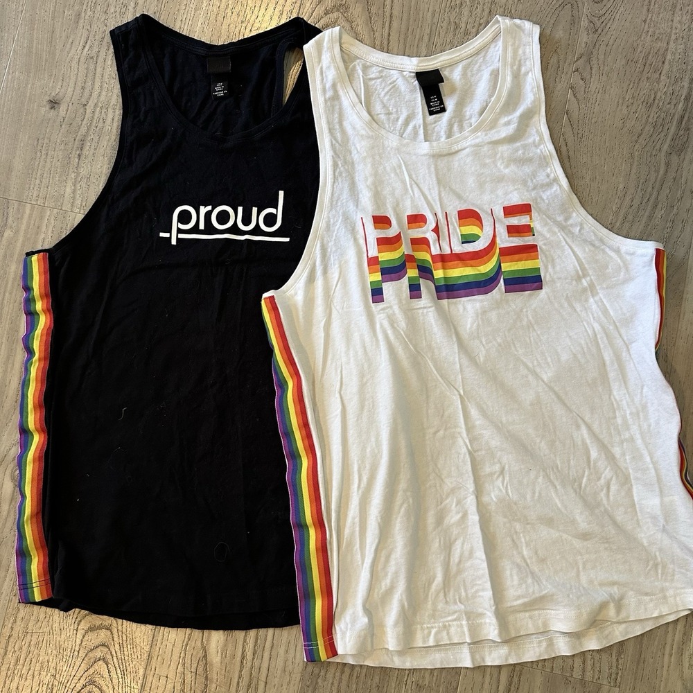 H & M "PROUD" RAINBOW TANK TOP M BLACK RACER BACK‎ RELAX FIT SIDE STRIPES Bundle